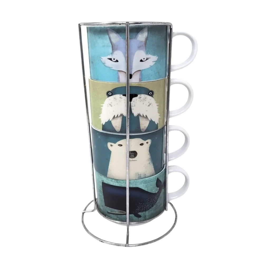 Pier 1 One Imports Stacking Mugs Set of 4 / Metal Stand Arctic Animals Porcelain